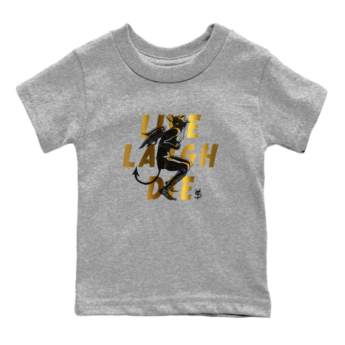 1s Black Metallic Gold shirts to match jordans Laughing Devil unique Halloween sneaker tee Air Jordan 1 Black Metallic Gold SNRT Sneaker Release Tees Youth Baby Heather Grey 2 crew neck shirts