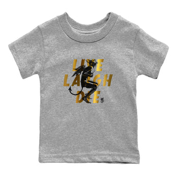 1s Black Metallic Gold shirts to match jordans Laughing Devil unique Halloween sneaker tee Air Jordan 1 Black Metallic Gold SNRT Sneaker Release Tees Youth Baby Heather Grey 2 crew neck shirts