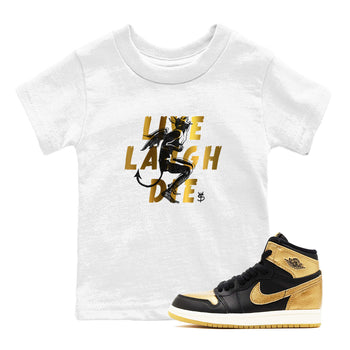 1s Black Metallic Gold shirts to match jordans Laughing Devil unique Halloween sneaker tee Air Jordan 1 Black Metallic Gold SNRT Sneaker Release Tees Youth Baby White 1 crew neck shirts