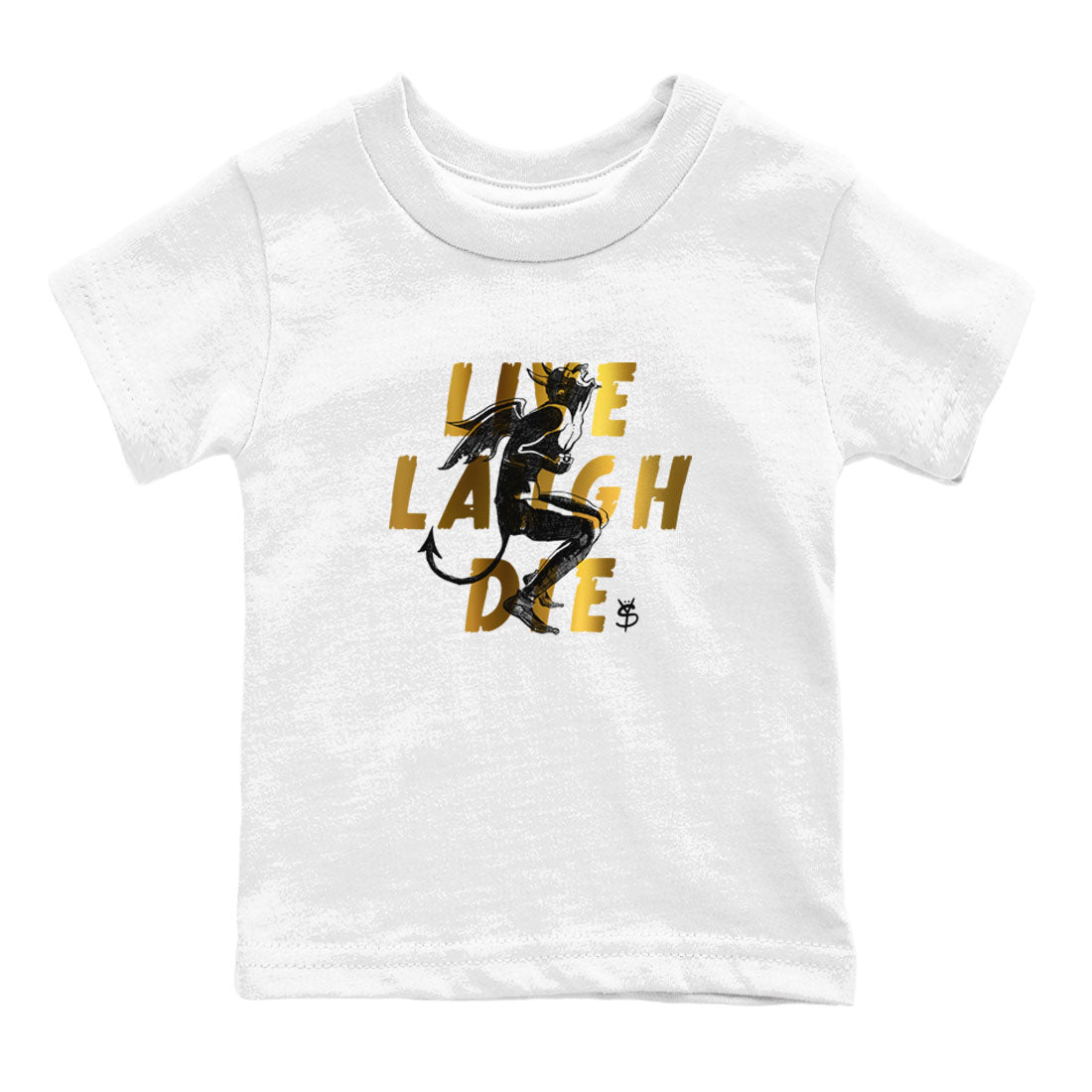 1s Black Metallic Gold shirts to match jordans Laughing Devil unique Halloween sneaker tee Air Jordan 1 Black Metallic Gold SNRT Sneaker Release Tees Youth Baby White 2 crew neck shirts