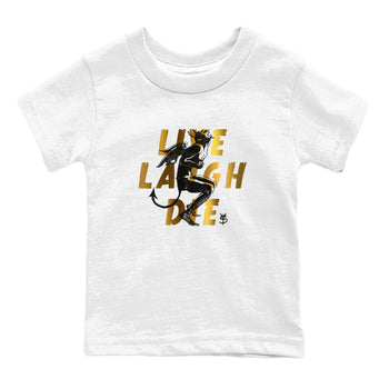 1s Black Metallic Gold shirts to match jordans Laughing Devil unique Halloween sneaker tee Air Jordan 1 Black Metallic Gold SNRT Sneaker Release Tees Youth Baby White 2 crew neck shirts