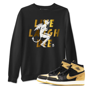 1s Black Metallic Gold shirts to match jordans Laughing Devil unique Halloween sneaker tee Air Jordan 1 Black Metallic Gold SNRT Sneaker Release Tees unisex cotton Black 1 crew neck shirts