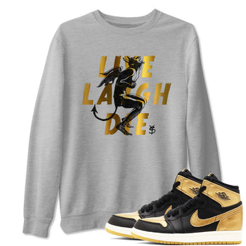 1s Black Metallic Gold shirts to match jordans Laughing Devil unique Halloween sneaker tee Air Jordan 1 Black Metallic Gold SNRT Sneaker Release Tees unisex cotton Heather Grey 1 crew neck shirts