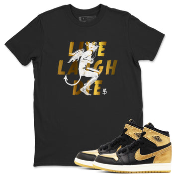 1s Black Metallic Gold shirts to match jordans Laughing Devil unique Halloween sneaker tee Air Jordan 1 Black Metallic Gold SNRT Sneaker Release Tees unisex cotton Black 1 crew neck shirts