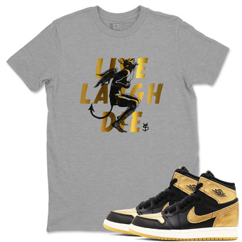 1s Black Metallic Gold shirts to match jordans Laughing Devil unique Halloween sneaker tee Air Jordan 1 Black Metallic Gold SNRT Sneaker Release Tees unisex cotton Heather Grey 1 crew neck shirts