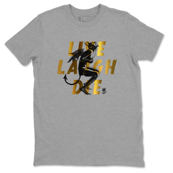 1s Black Metallic Gold shirts to match jordans Laughing Devil unique Halloween sneaker tee Air Jordan 1 Black Metallic Gold SNRT Sneaker Release Tees unisex cotton Heather Grey 2 crew neck shirts