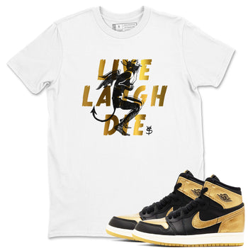 1s Black Metallic Gold shirts to match jordans Laughing Devil unique Halloween sneaker tee Air Jordan 1 Black Metallic Gold SNRT Sneaker Release Tees unisex cotton White 1 crew neck shirts