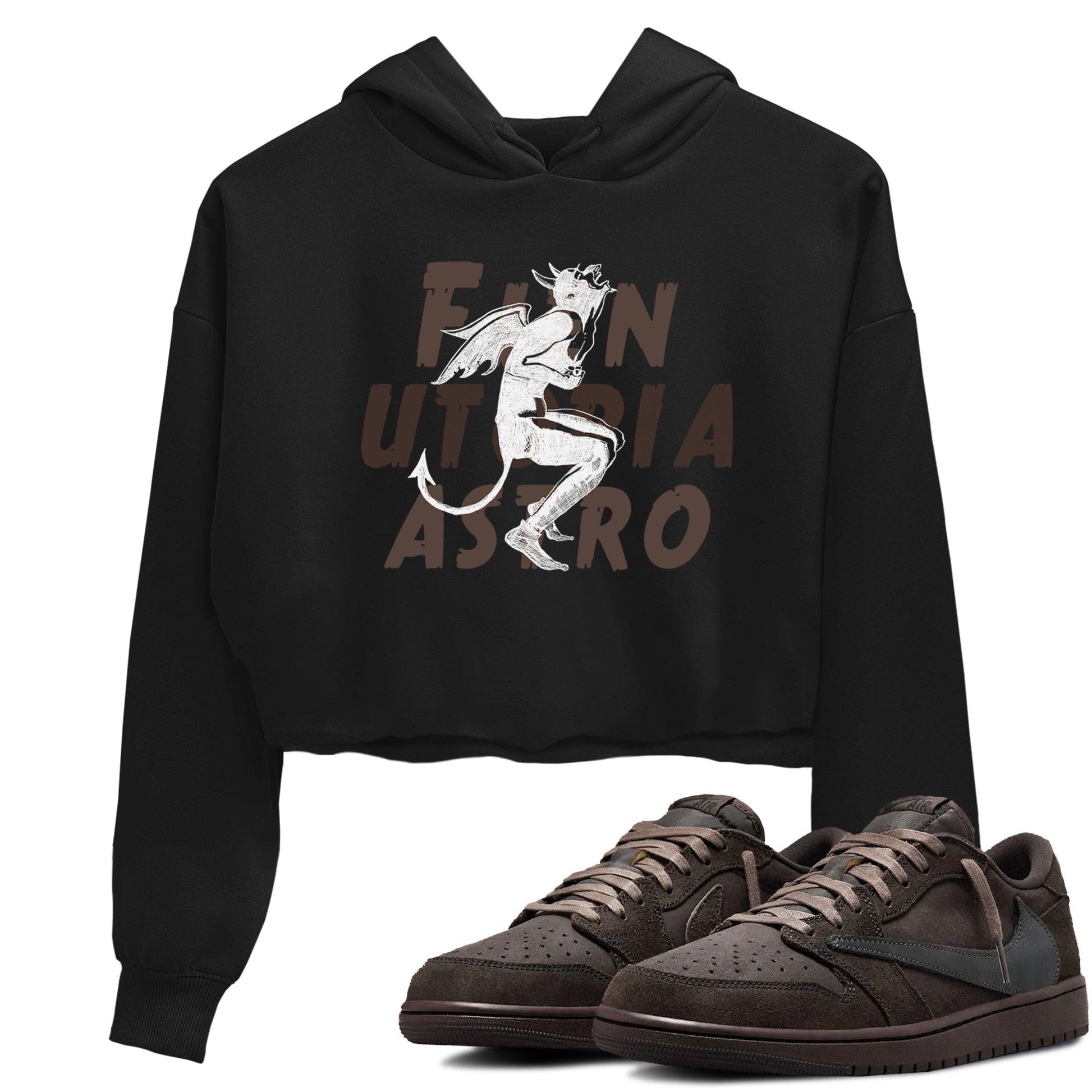 1s Travis Scott Velvet Brown shirts to match jordans Laughing Devil best t shirts to wear with jordans Travis Scott x Air Jordan 1 Low OG Velvet Brown match shoes to clothes SNRT Sneaker Tees unisex cotton Black 1 crop tee