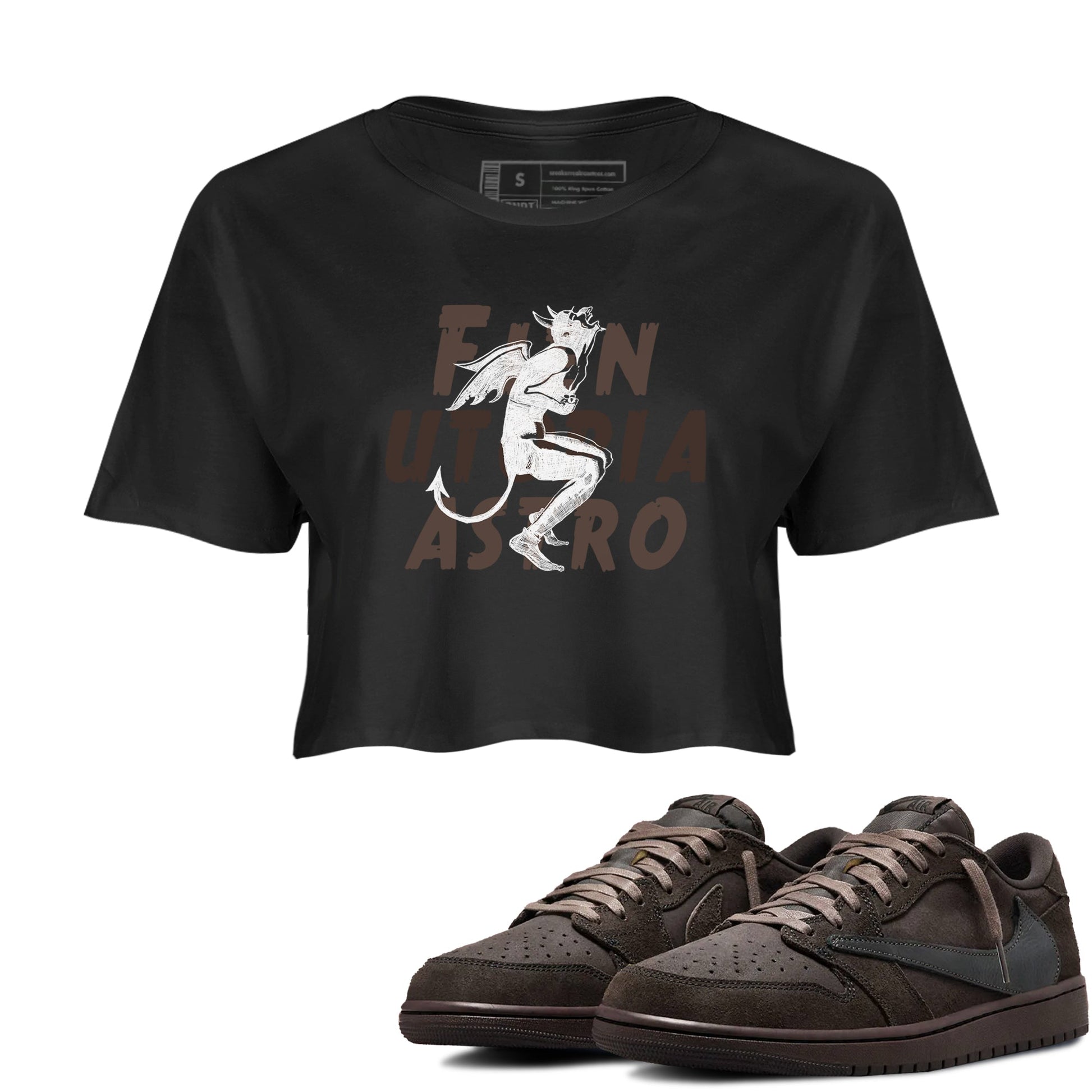 1s Travis Scott Velvet Brown shirts to match jordans Laughing Devil best t shirts to wear with jordans Travis Scott x Air Jordan 1 Low OG Velvet Brown match shoes to clothes SNRT Sneaker Tees unisex cotton Black 1 crop tee