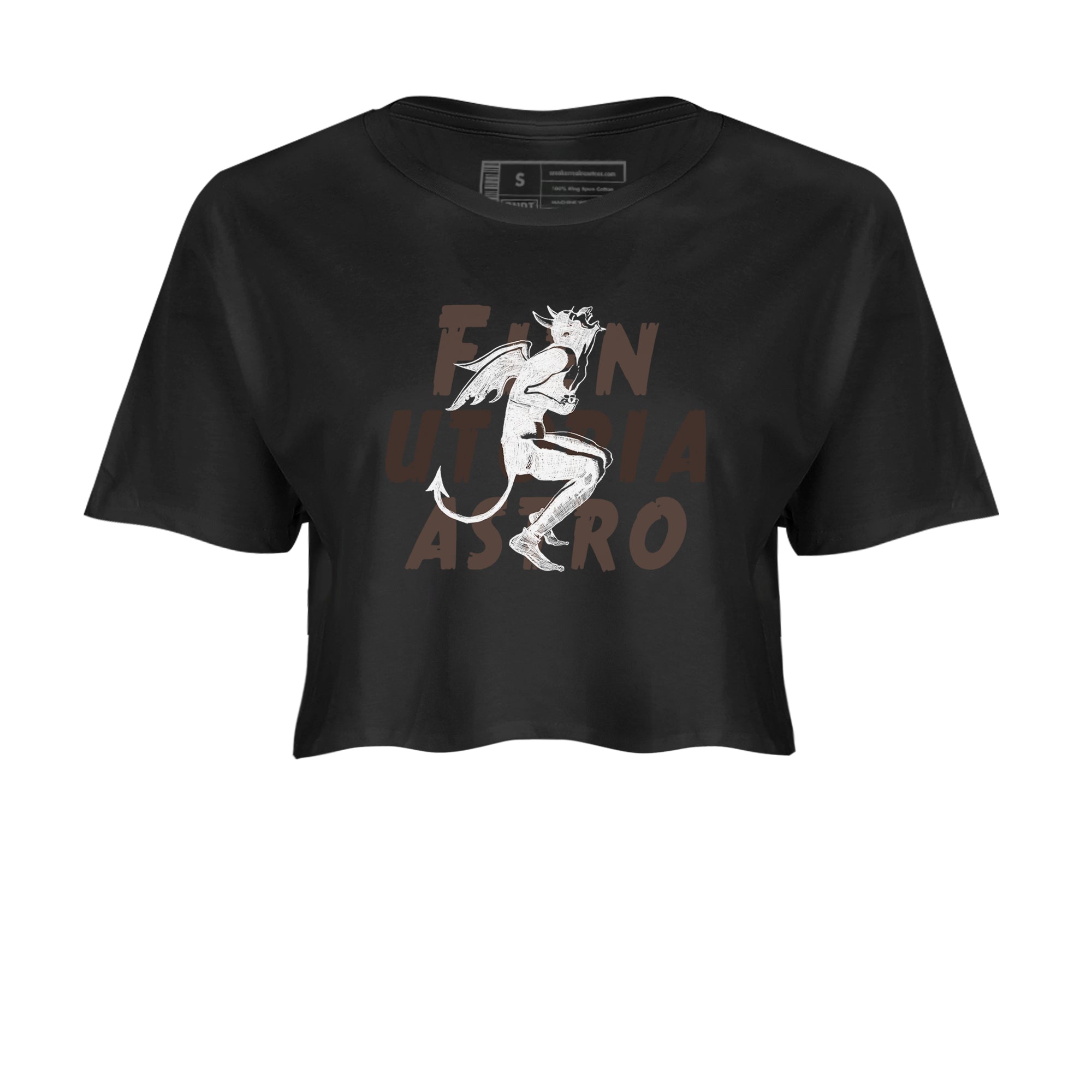 1s Travis Scott Velvet Brown shirts to match jordans Laughing Devil best t shirts to wear with jordans Travis Scott x Air Jordan 1 Low OG Velvet Brown match shoes to clothes SNRT Sneaker Tees unisex cotton Black 2 crop tee