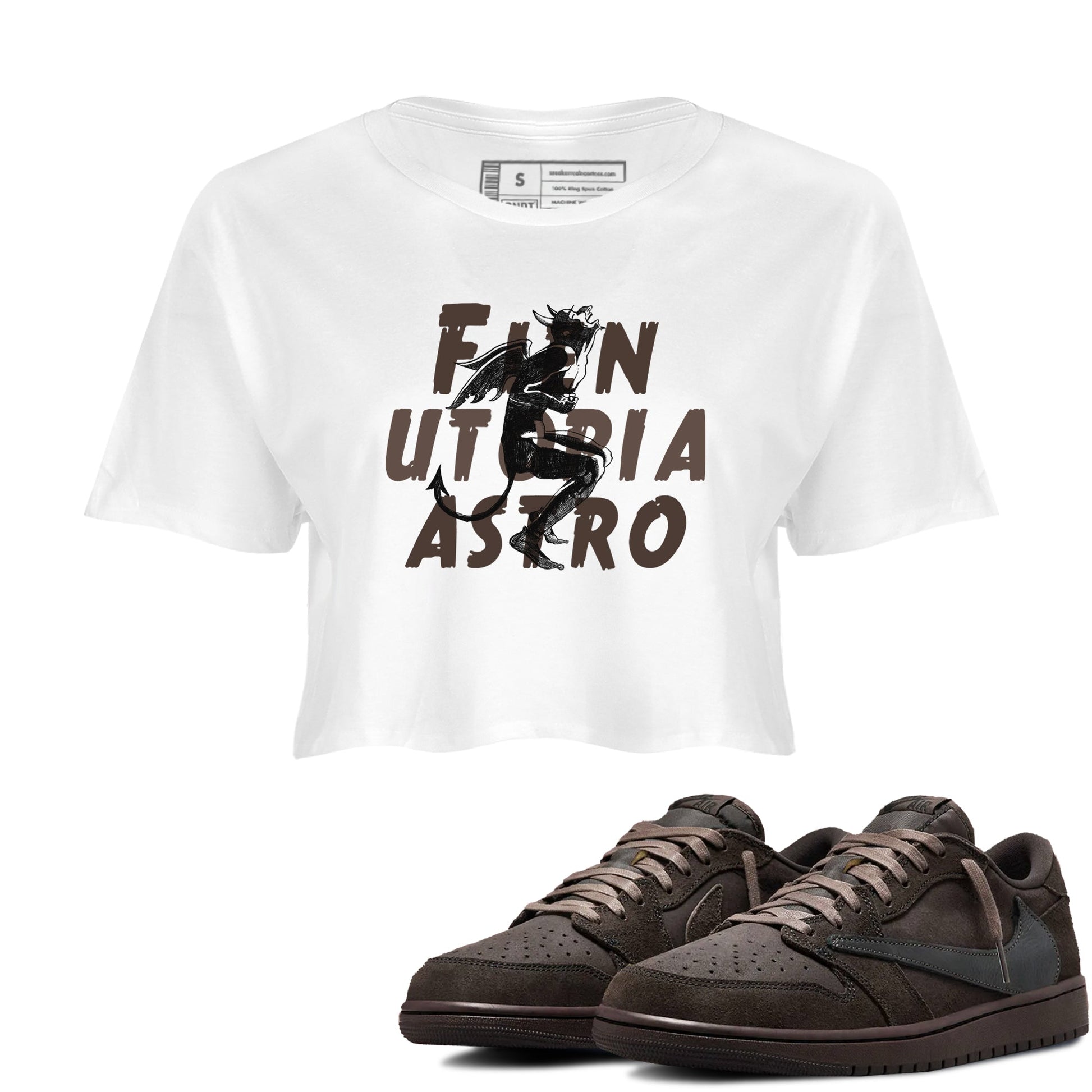 1s Travis Scott Velvet Brown shirts to match jordans Laughing Devil best t shirts to wear with jordans Travis Scott x Air Jordan 1 Low OG Velvet Brown match shoes to clothes SNRT Sneaker Tees unisex cotton White 1 crop tee