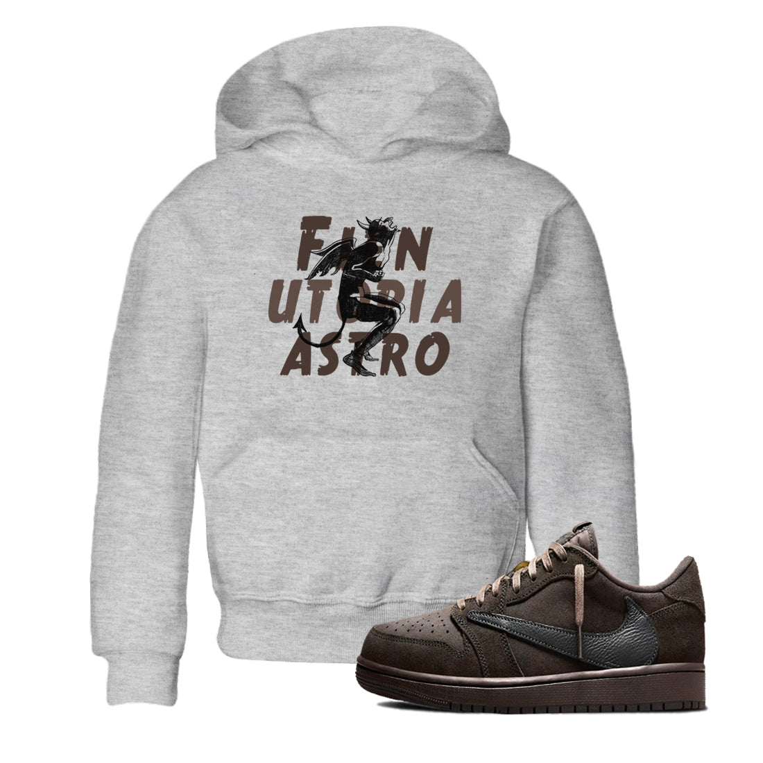 1s Travis Scott Velvet Brown shirts to match jordans Laughing Devil best t shirts to wear with jordans Travis Scott x Air Jordan 1 Low OG Velvet Brown match shoes to clothes SNRT Sneaker Tees Youth Baby Heather Grey 1 tee