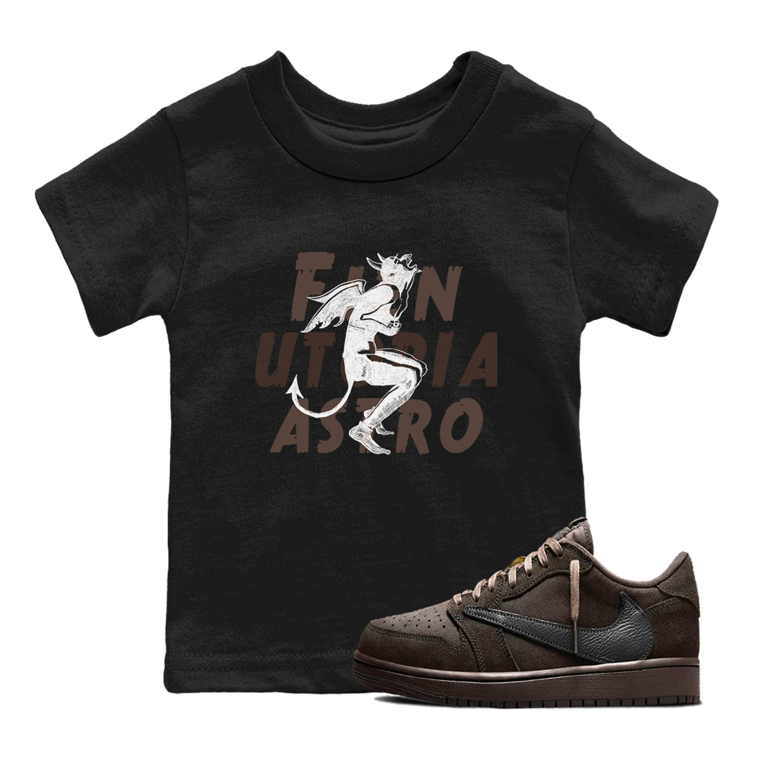 1s Travis Scott Velvet Brown shirts to match jordans Laughing Devil best t shirts to wear with jordans Travis Scott x Air Jordan 1 Low OG Velvet Brown match shoes to clothes SNRT Sneaker Tees Youth Baby Black 1 tee