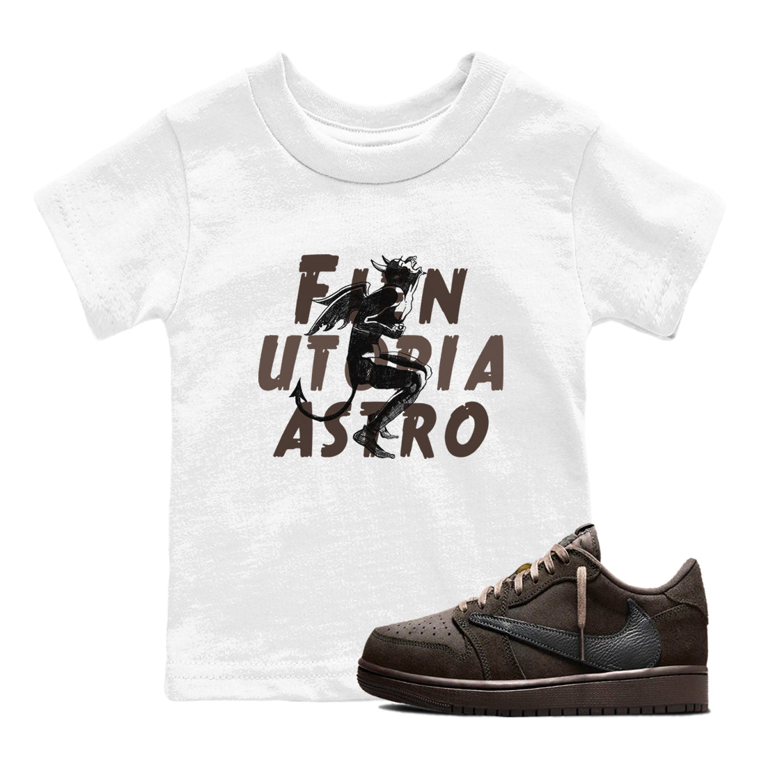 1s Travis Scott Velvet Brown shirts to match jordans Laughing Devil best t shirts to wear with jordans Travis Scott x Air Jordan 1 Low OG Velvet Brown match shoes to clothes SNRT Sneaker Tees Youth Baby White 1 tee