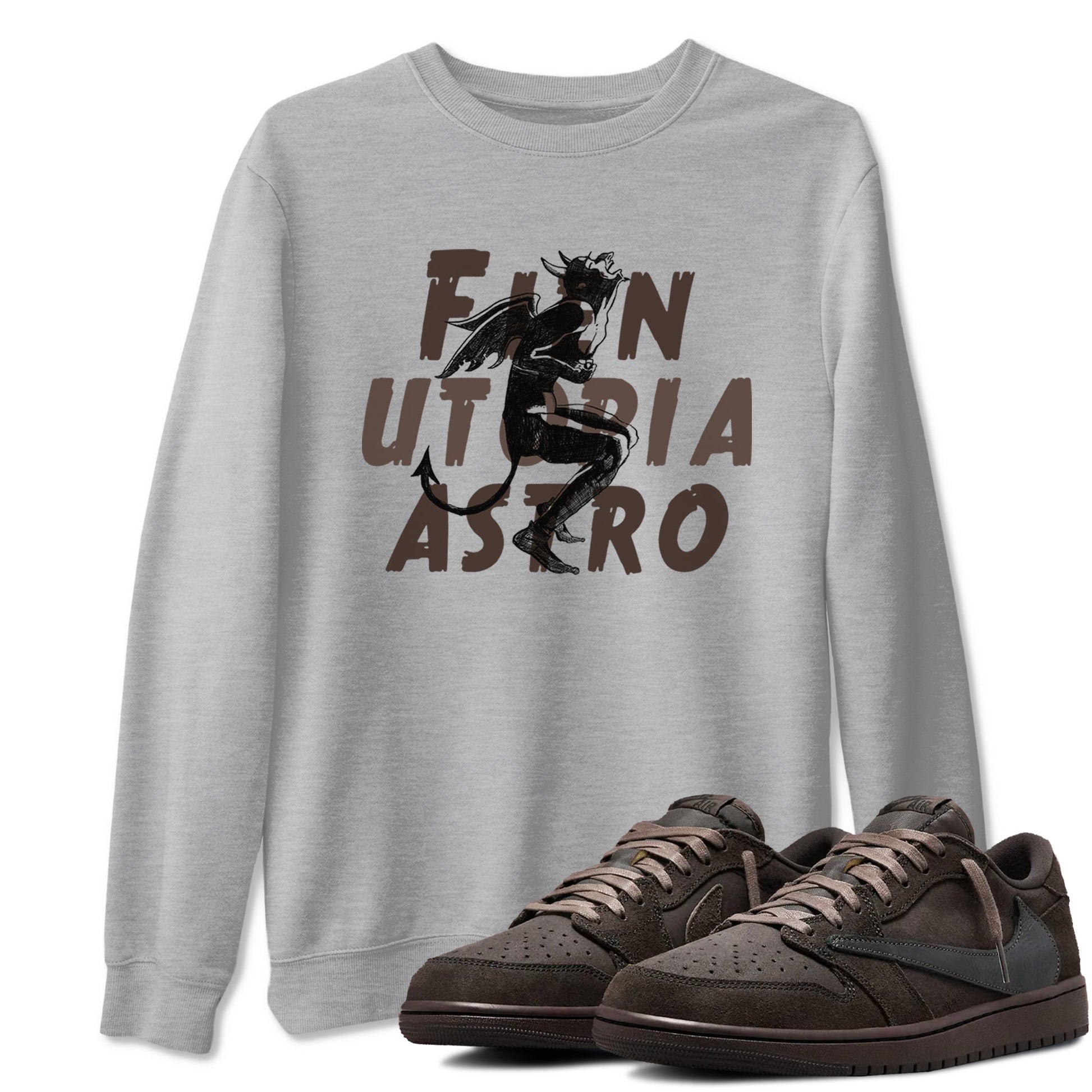 1s Travis Scott Velvet Brown shirts to match jordans Laughing Devil best t shirts to wear with jordans Travis Scott x Air Jordan 1 Low OG Velvet Brown match shoes to clothes SNRT Sneaker Tees unisex cotton Heather Grey 1 shirts