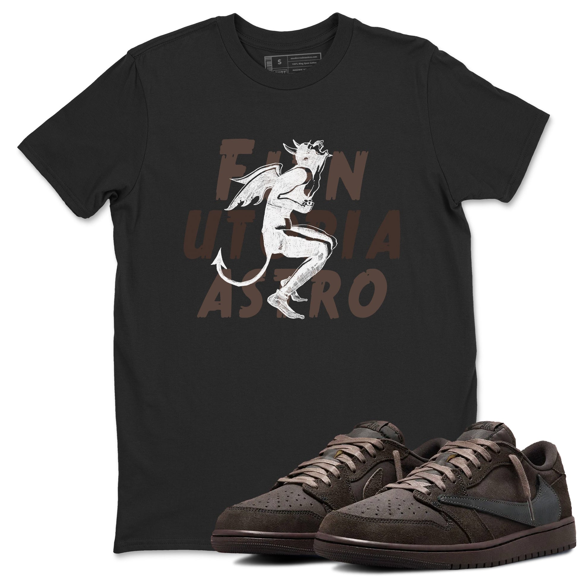 1s Travis Scott Velvet Brown shirts to match jordans Laughing Devil best t shirts to wear with jordans Travis Scott x Air Jordan 1 Low OG Velvet Brown match shoes to clothes SNRT Sneaker Tees unisex cotton Black 1 shirts