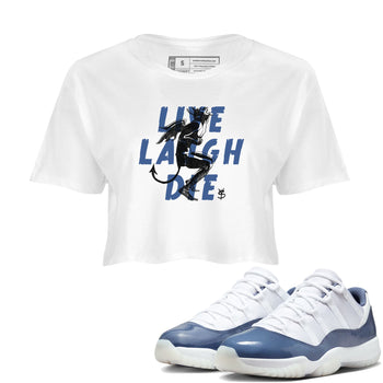 11s Diffused Blue shirts to match jordans Laughing Devil unique Halloween sneaker tee Air Jordan 11 Diffused Blue SNRT Sneaker Release Tees unisex cotton White 1 Crop Shirts
