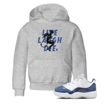 11s Diffused Blue shirts to match jordans Laughing Devil unique Halloween sneaker tee Air Jordan 11 Diffused Blue SNRT Sneaker Release Tees Youth Baby Heather Grey 1 crew neck shirts