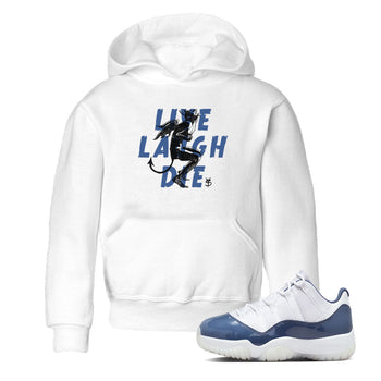 11s Diffused Blue shirts to match jordans Laughing Devil unique Halloween sneaker tee Air Jordan 11 Diffused Blue SNRT Sneaker Release Tees Youth Baby White 1 crew neck shirts