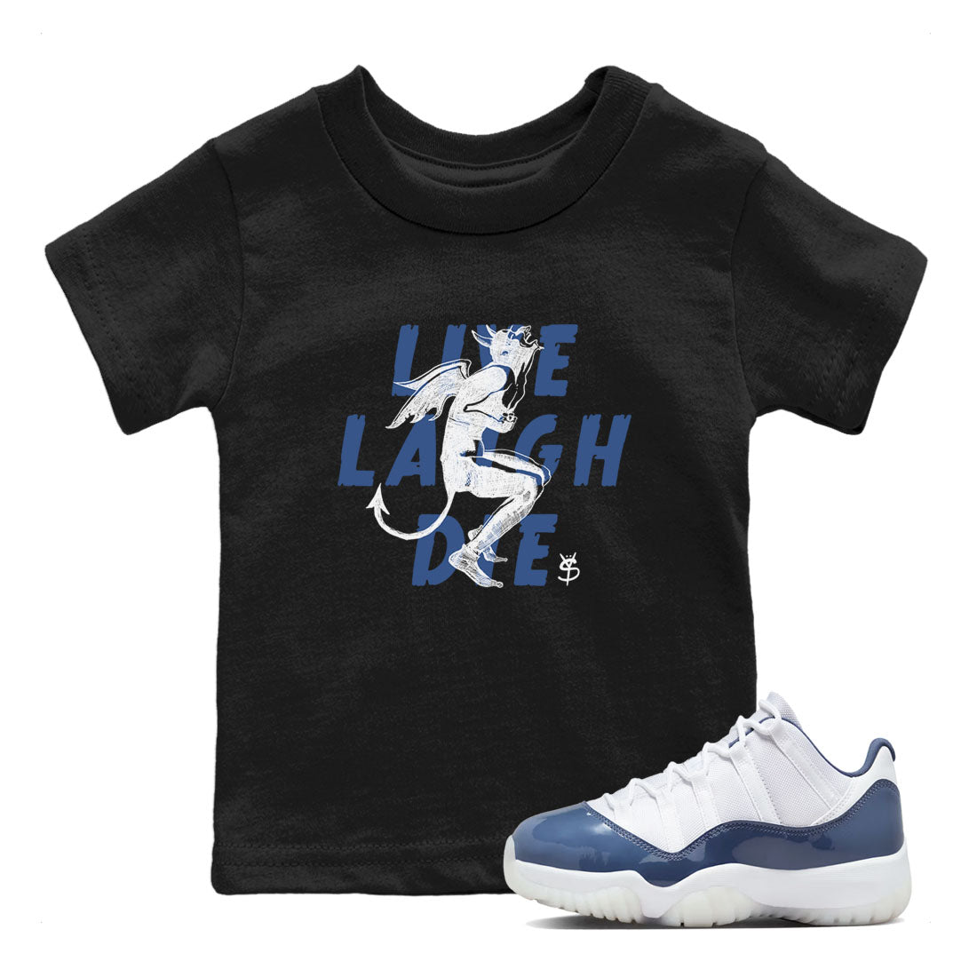 11s Diffused Blue shirts to match jordans Laughing Devil unique Halloween sneaker tee Air Jordan 11 Diffused Blue SNRT Sneaker Release Tees Youth Baby Black 1 crew neck shirts