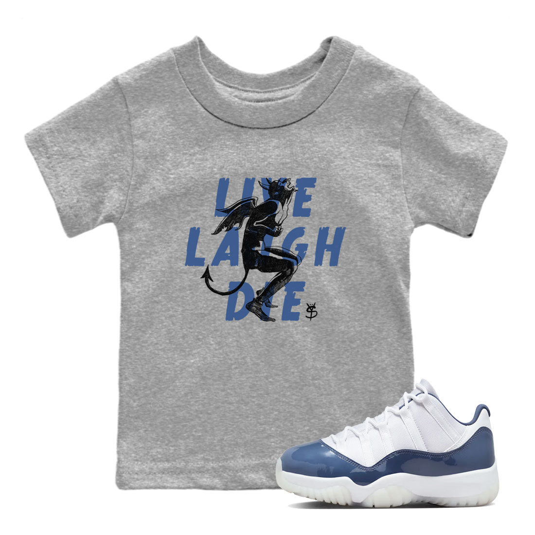 11s Diffused Blue shirts to match jordans Laughing Devil unique Halloween sneaker tee Air Jordan 11 Diffused Blue SNRT Sneaker Release Tees Youth Baby Heather Grey 1 crew neck shirts