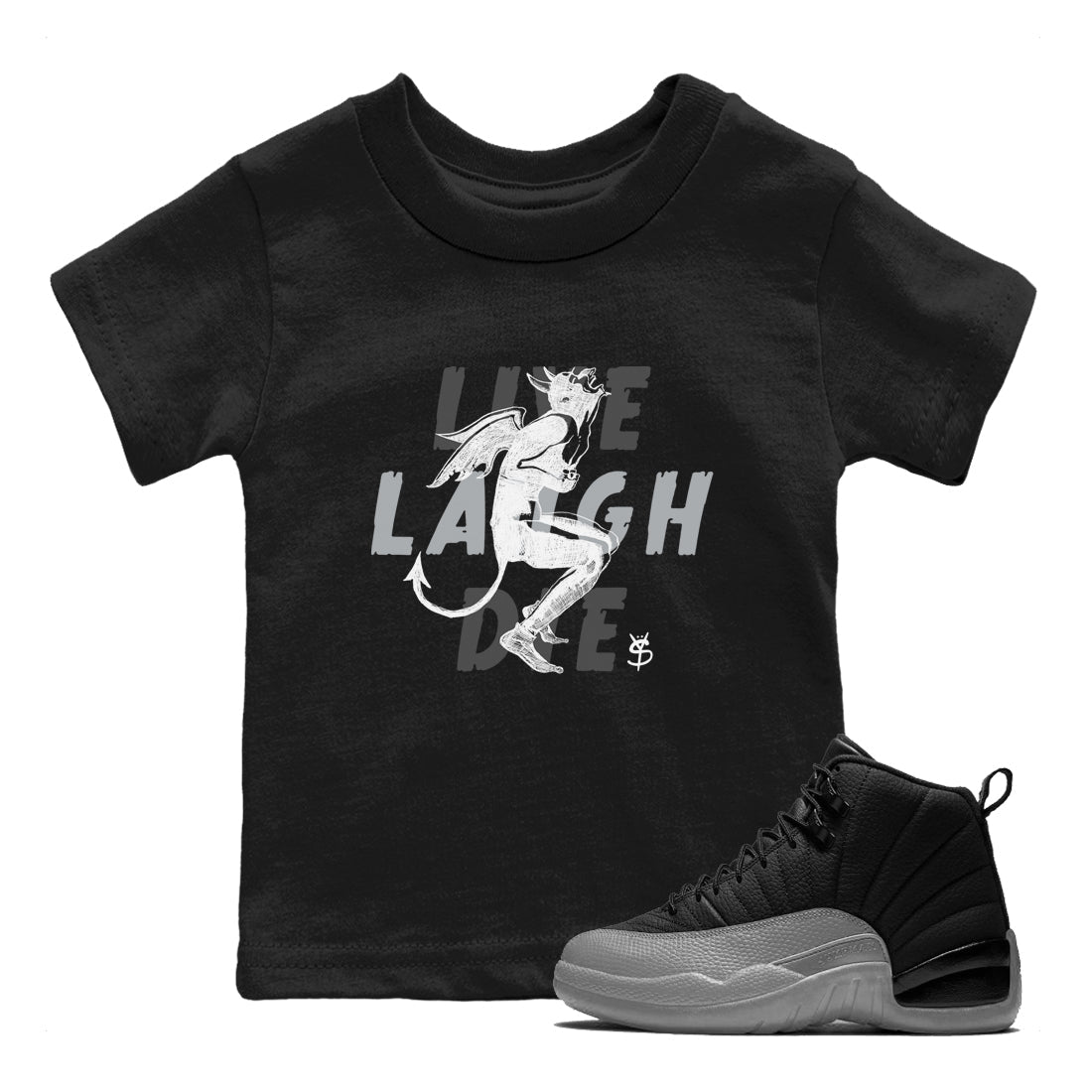 12s Black Wolf Grey shirts to match jordans Laughing Devil unique Halloween sneaker tee Air Jordan 12 Black Wolf Grey SNRT Sneaker Release Tees Youth Baby Black 1 crew neck shirts