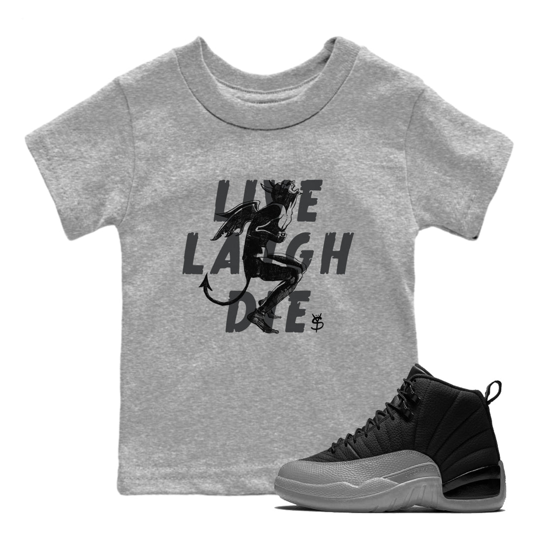 12s Black Wolf Grey shirts to match jordans Laughing Devil unique Halloween sneaker tee Air Jordan 12 Black Wolf Grey SNRT Sneaker Release Tees Youth Baby Heather Grey 1 crew neck shirts