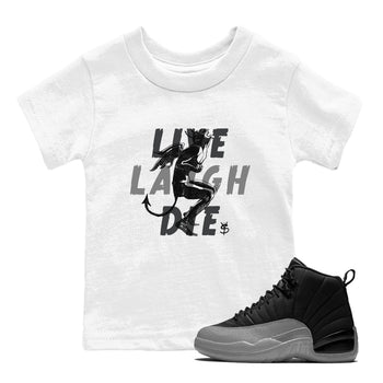 12s Black Wolf Grey shirts to match jordans Laughing Devil unique Halloween sneaker tee Air Jordan 12 Black Wolf Grey SNRT Sneaker Release Tees Youth Baby White 1 crew neck shirts
