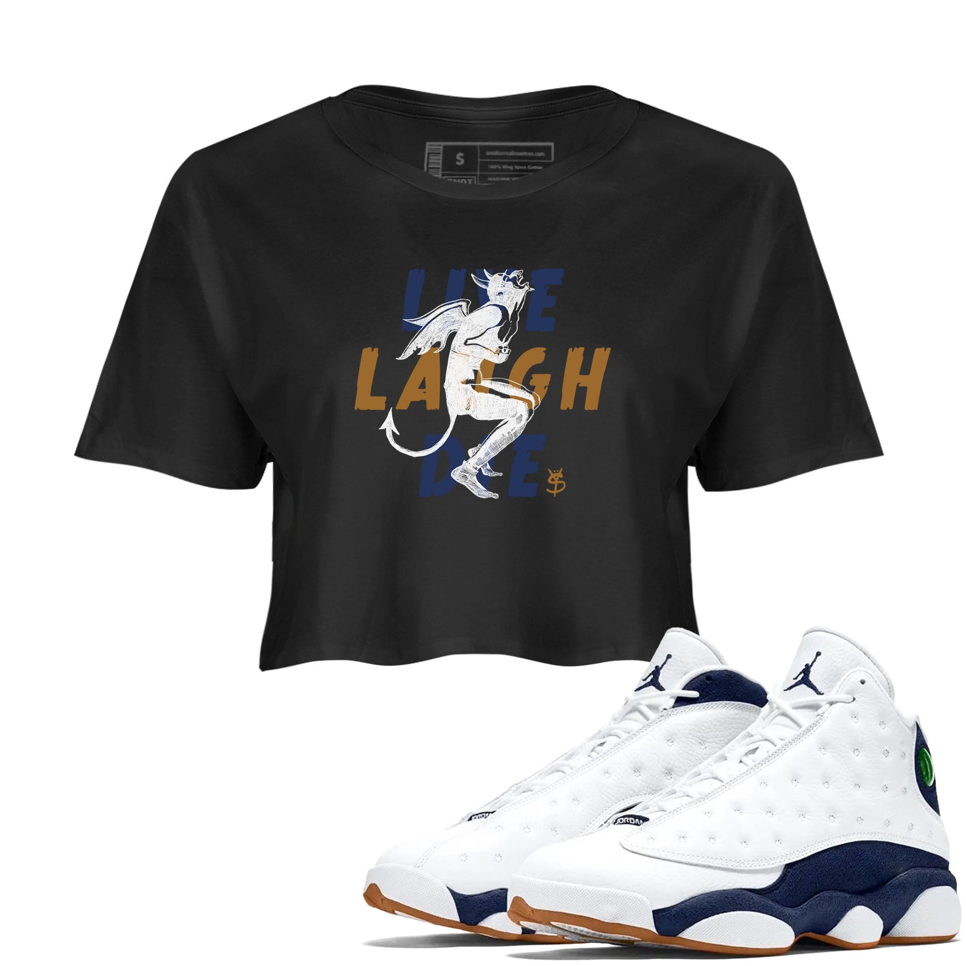 13s Midnight Navy shirts to match jordans Laughing Devil unique Halloween sneaker tee Air Jordan 13 Midnight Navy SNRT Sneaker Release Tees unisex cotton Black 1 Crop Shirts