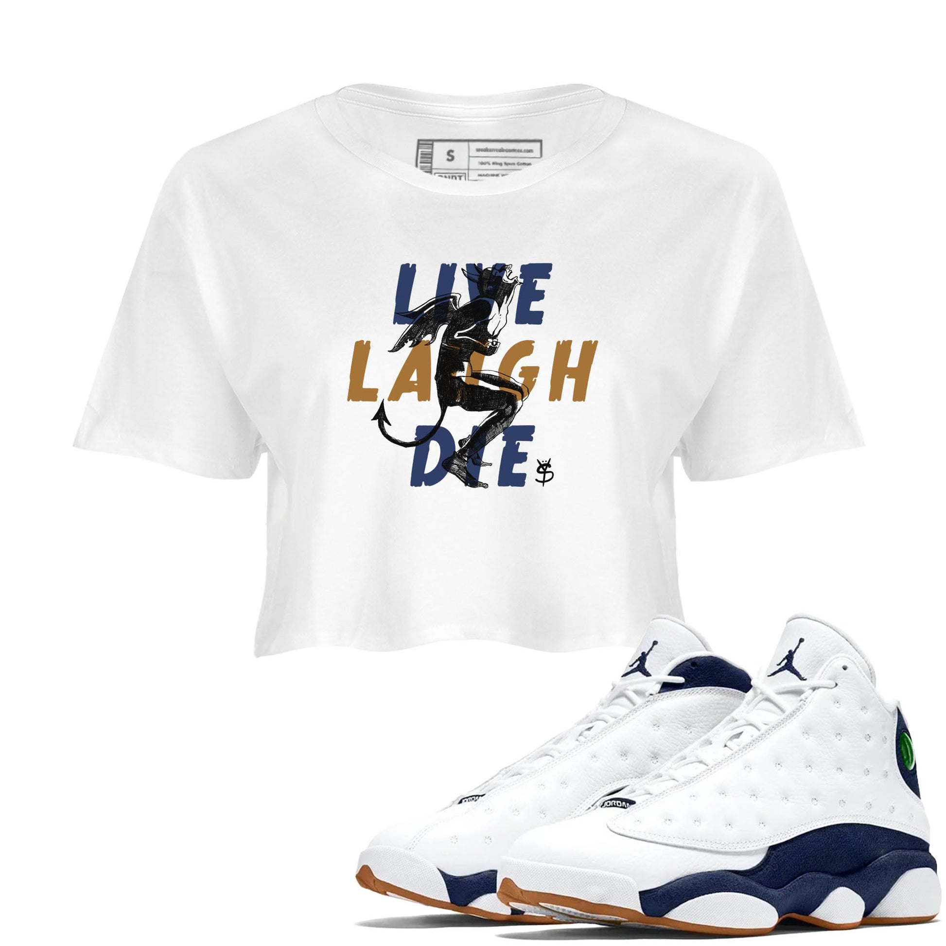 13s Midnight Navy shirts to match jordans Laughing Devil unique Halloween sneaker tee Air Jordan 13 Midnight Navy SNRT Sneaker Release Tees unisex cotton White 1 Crop Shirts