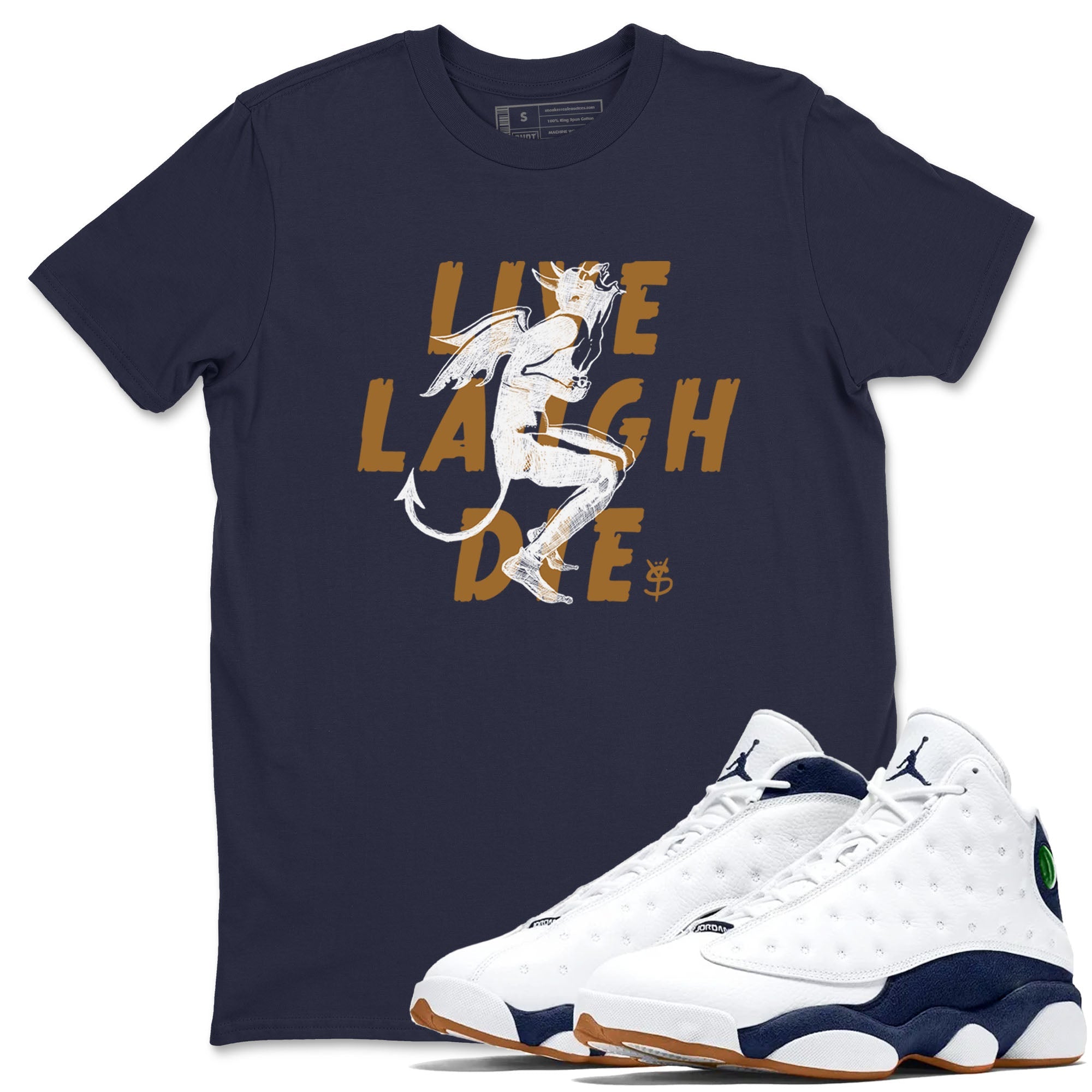 13s Midnight Navy shirts to match jordans Laughing Devil unique Halloween sneaker tee Air Jordan 13 Midnight Navy SNRT Sneaker Release Tees unisex cotton Navy 1 crew neck shirts