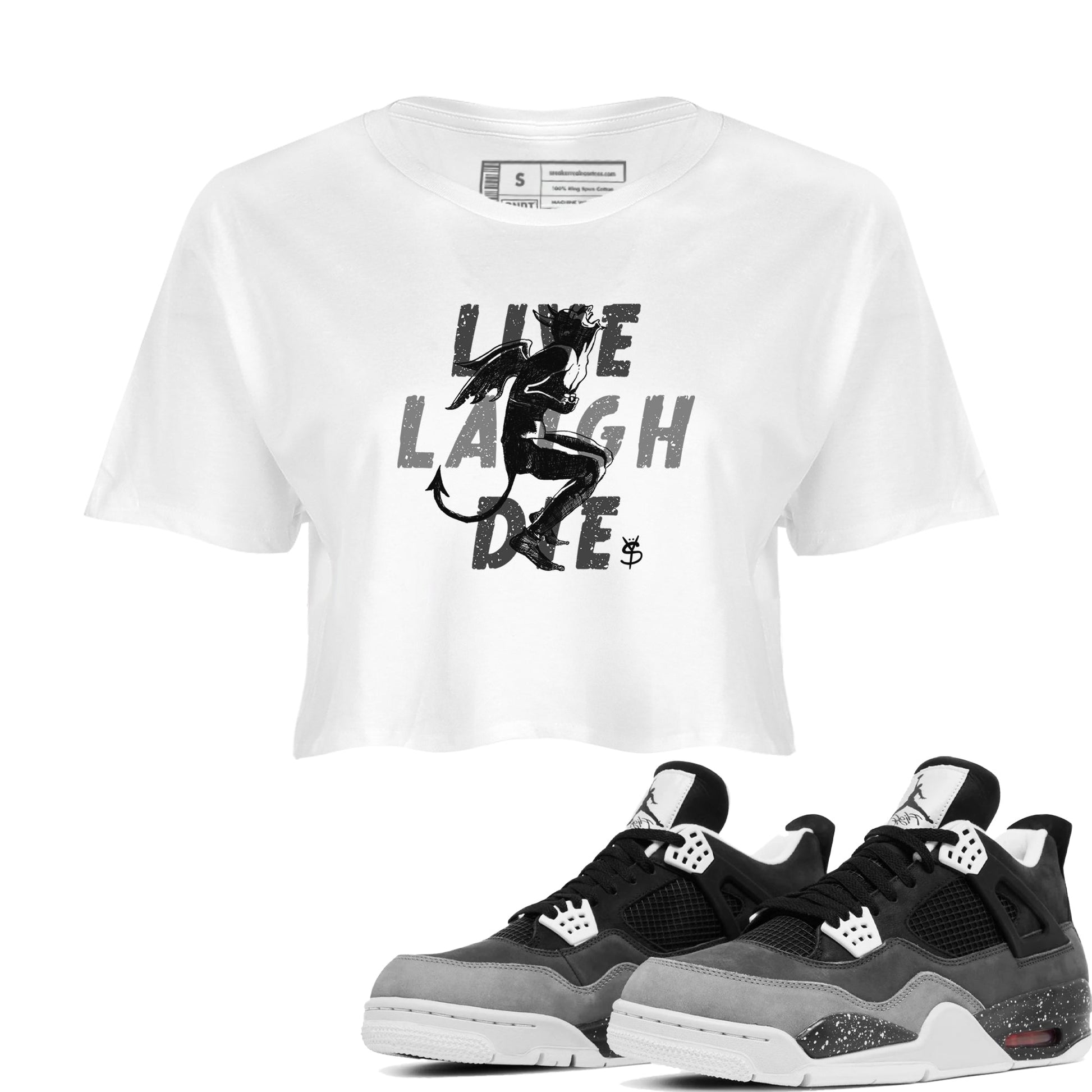 4s Fear shirts to match jordans Laughing Devil sneaker match tees Air Jordan 4 Retro Fear match shoes to clothes SNRT Sneaker Tees unisex cotton White 1 crop tee