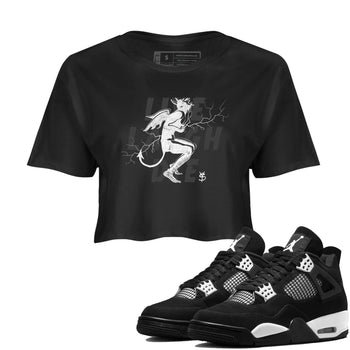 4s White Thunder shirts to match jordans Laughing Devil unique Halloween sneaker tee Air Jordan 4 White Thunder SNRT Sneaker Release Tees unisex cotton Black 1 Crop Shirts