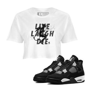 4s White Thunder shirts to match jordans Laughing Devil unique Halloween sneaker tee Air Jordan 4 White Thunder SNRT Sneaker Release Tees unisex cotton White 1 Crop Shirts