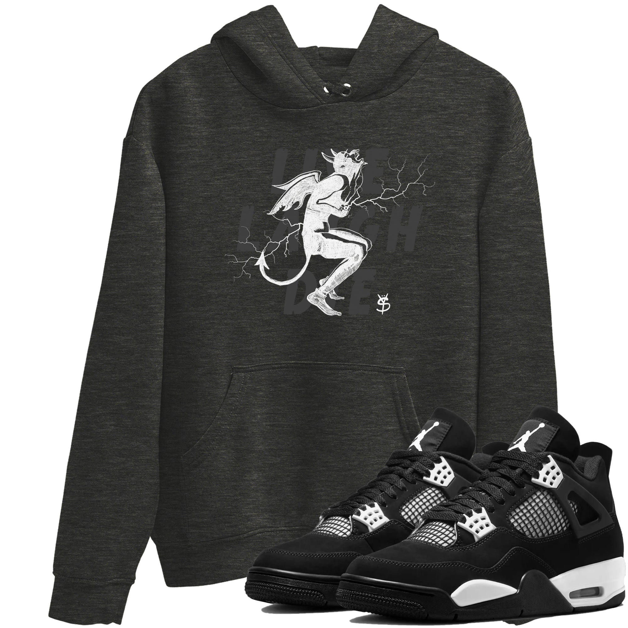 4s White Thunder shirts to match jordans Laughing Devil unique Halloween sneaker tee Air Jordan 4 White Thunder SNRT Sneaker Release Tees unisex cotton Charcoal Heather 1 crew neck shirts