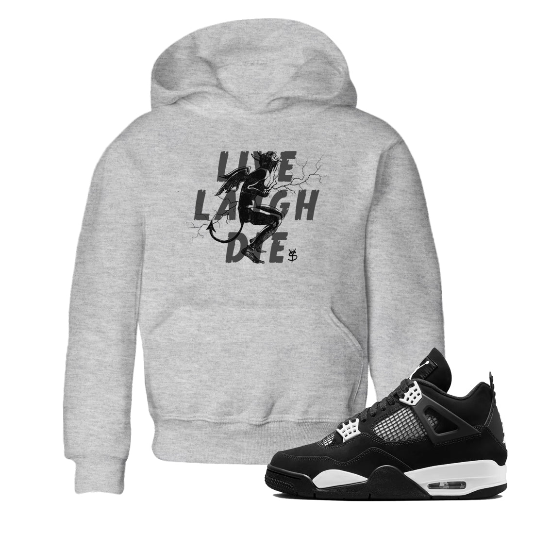 4s White Thunder shirts to match jordans Laughing Devil unique Halloween sneaker tee Air Jordan 4 White Thunder SNRT Sneaker Release Tees Youth Baby Heather Grey 1 crew neck shirts