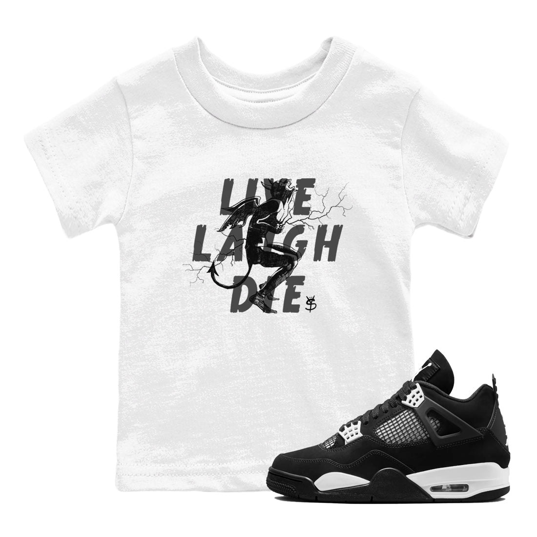 4s White Thunder shirts to match jordans Laughing Devil unique Halloween sneaker tee Air Jordan 4 White Thunder SNRT Sneaker Release Tees Youth Baby White 1 crew neck shirts