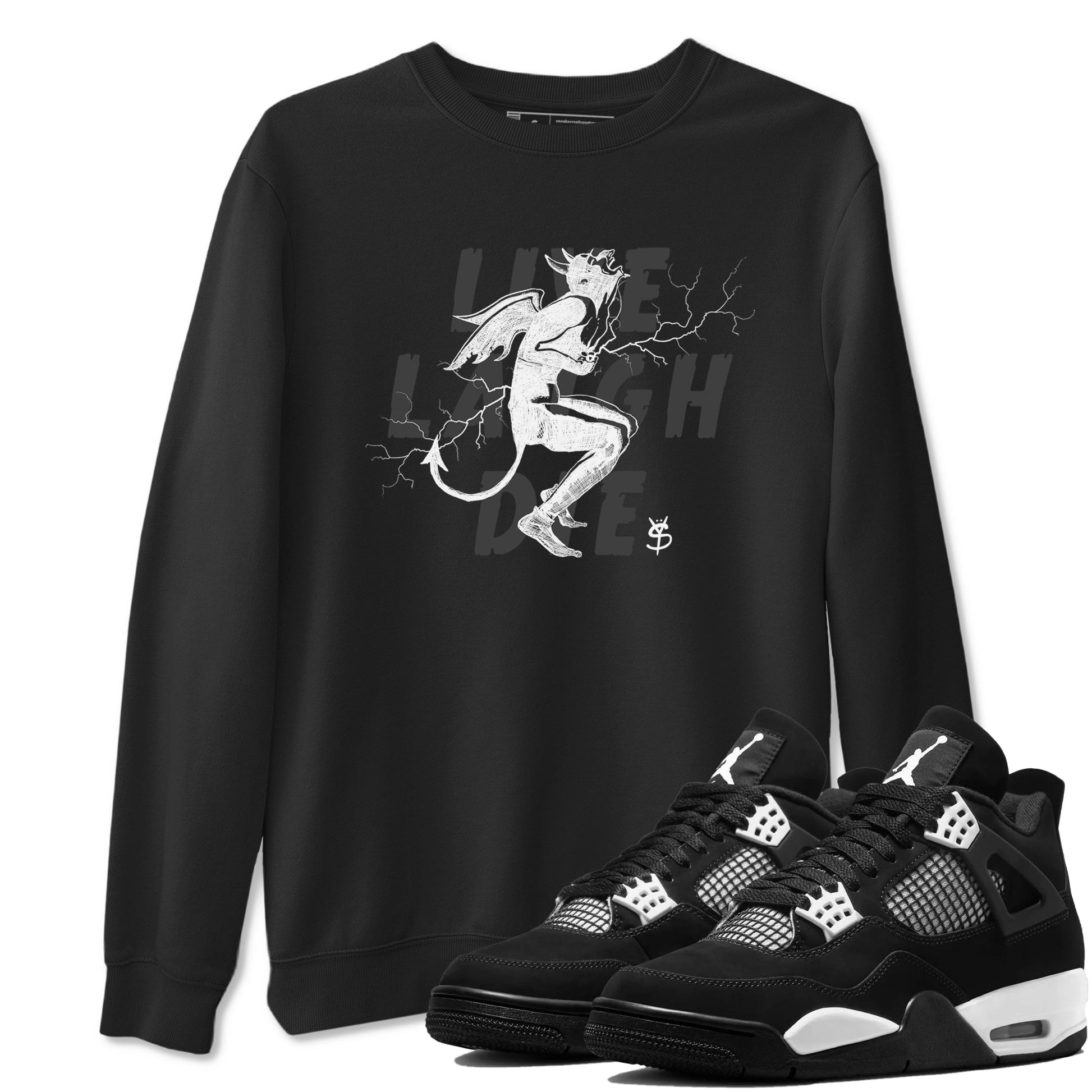 4s White Thunder shirts to match jordans Laughing Devil unique Halloween sneaker tee Air Jordan 4 White Thunder SNRT Sneaker Release Tees unisex cotton Black 1 crew neck shirts