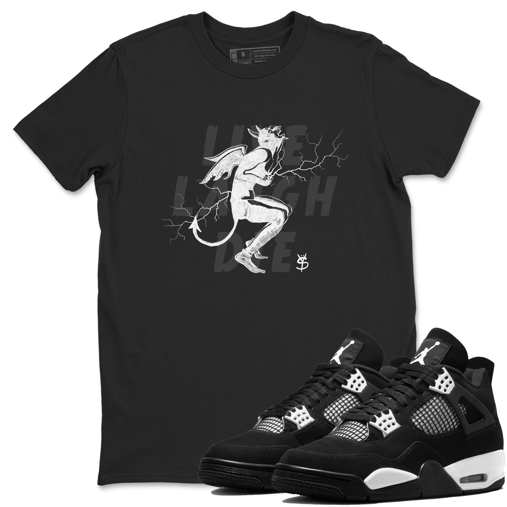 4s White Thunder shirts to match jordans Laughing Devil unique Halloween sneaker tee Air Jordan 4 White Thunder SNRT Sneaker Release Tees unisex cotton Black 1 crew neck shirts