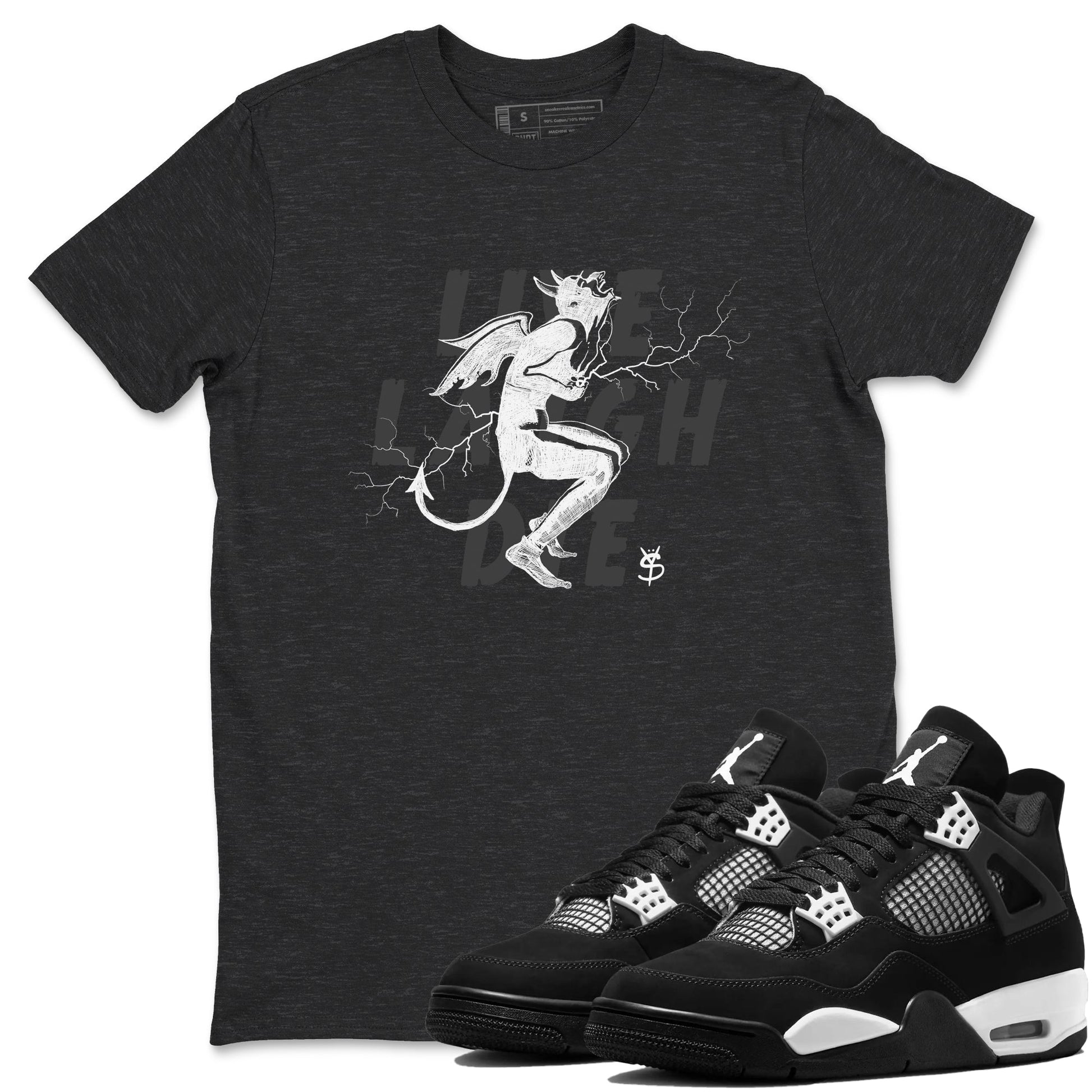 4s White Thunder shirts to match jordans Laughing Devil unique Halloween sneaker tee Air Jordan 4 White Thunder SNRT Sneaker Release Tees unisex cotton Charcoal Heather 1 crew neck shirts