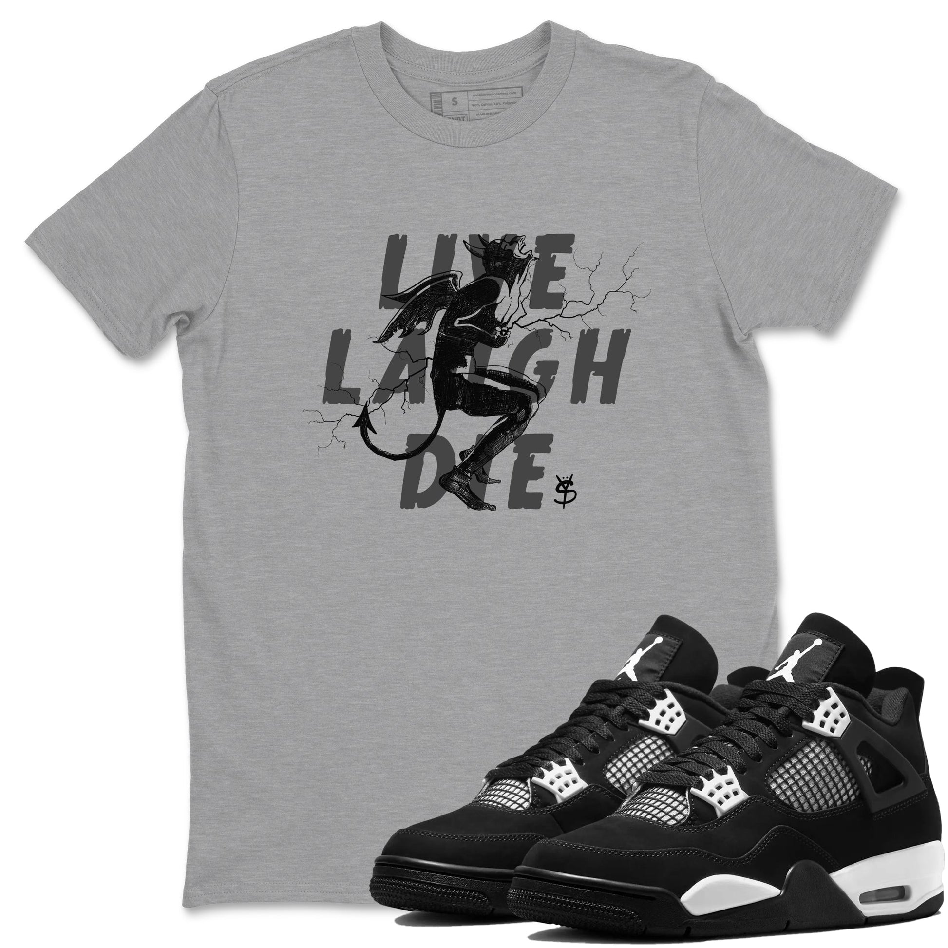 4s White Thunder shirts to match jordans Laughing Devil unique Halloween sneaker tee Air Jordan 4 White Thunder SNRT Sneaker Release Tees unisex cotton Heather Grey 1 crew neck shirts