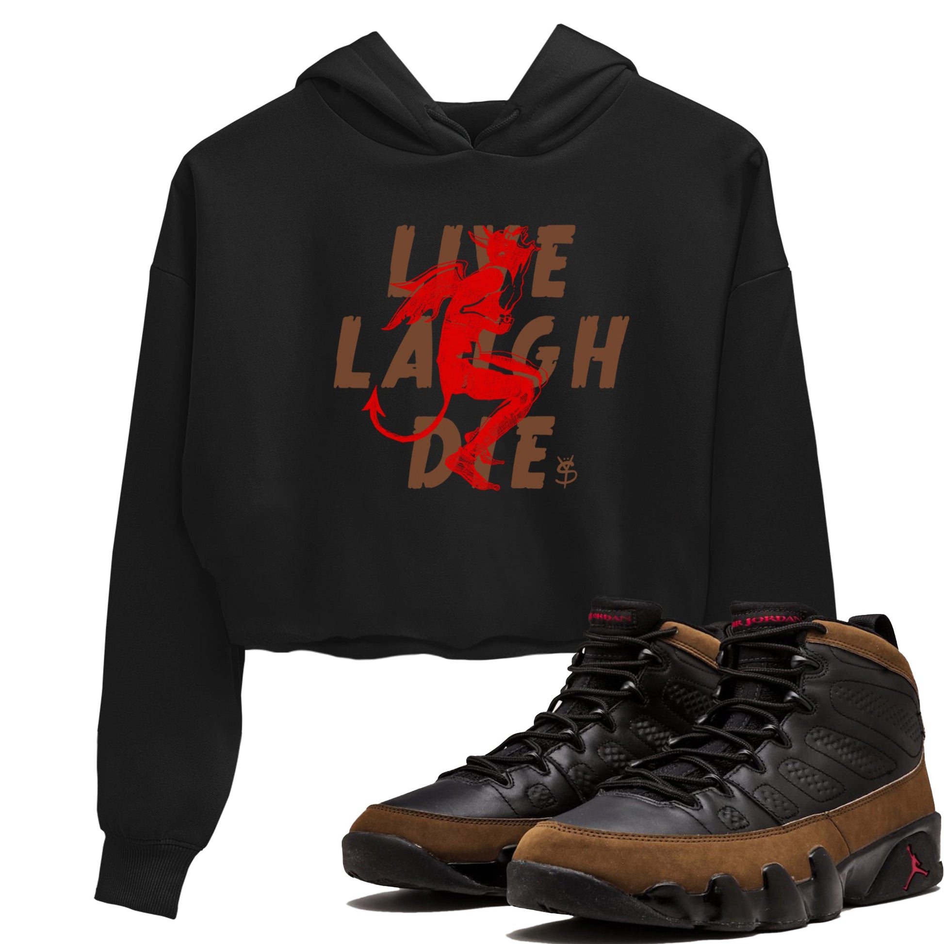 9s Olive shirts to match jordans Laughing Devil sneaker match tees Air Jordan 9 Olive match shoes to clothes SNRT Sneaker Tees unisex cotton Black 1 crop tee