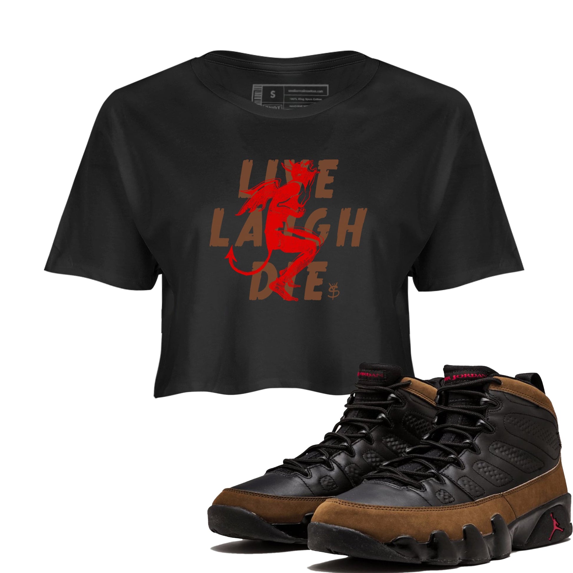 9s Olive shirts to match jordans Laughing Devil sneaker match tees Air Jordan 9 Olive match shoes to clothes SNRT Sneaker Tees unisex cotton Black 1 crop tee