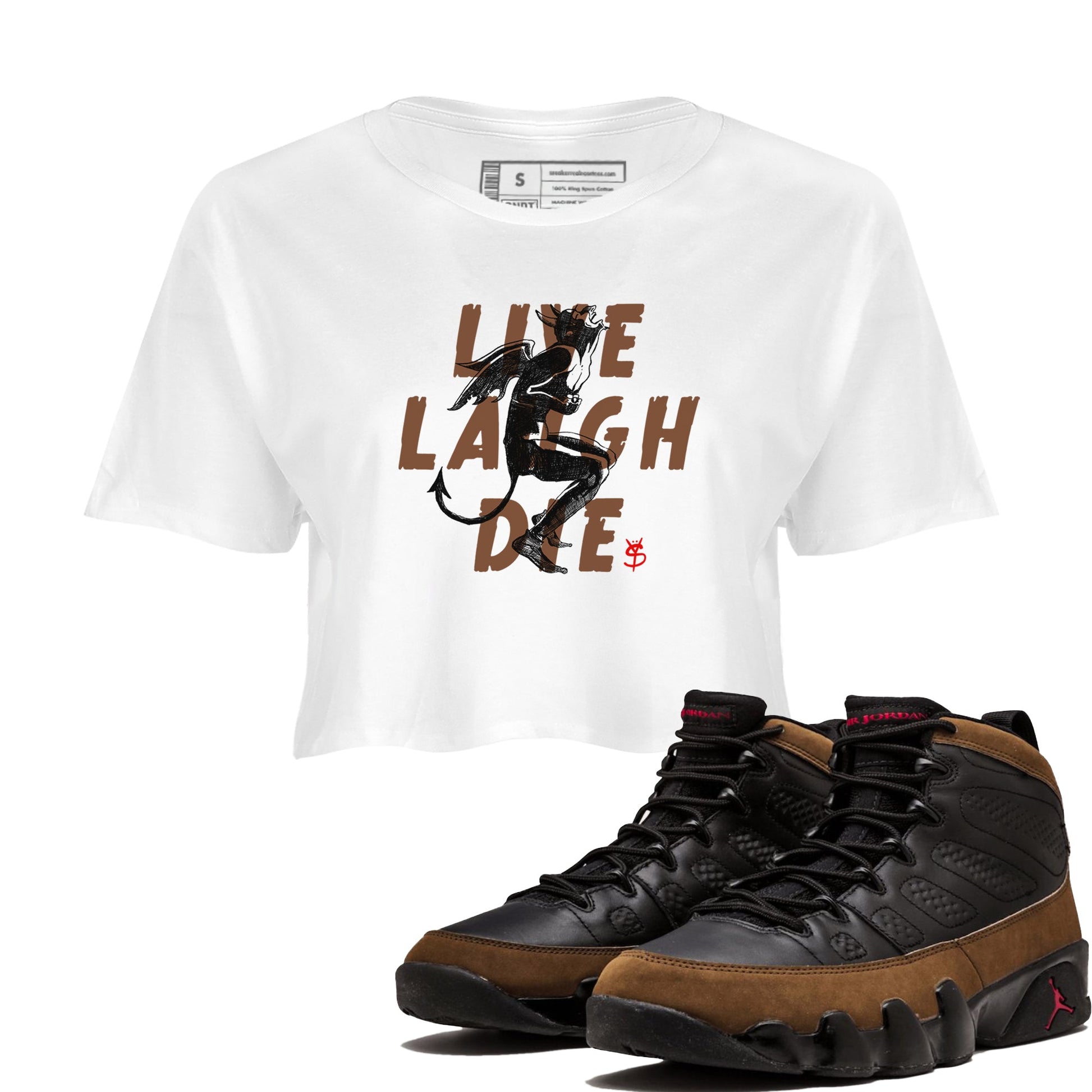 9s Olive shirts to match jordans Laughing Devil sneaker match tees Air Jordan 9 Olive match shoes to clothes SNRT Sneaker Tees unisex cotton White 1 crop tee