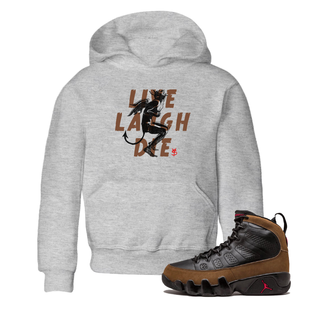 9s Olive shirts to match jordans Laughing Devil sneaker match tees Air Jordan 9 Olive match shoes to clothes SNRT Sneaker Tees Youth Baby Heather Grey 1 tee