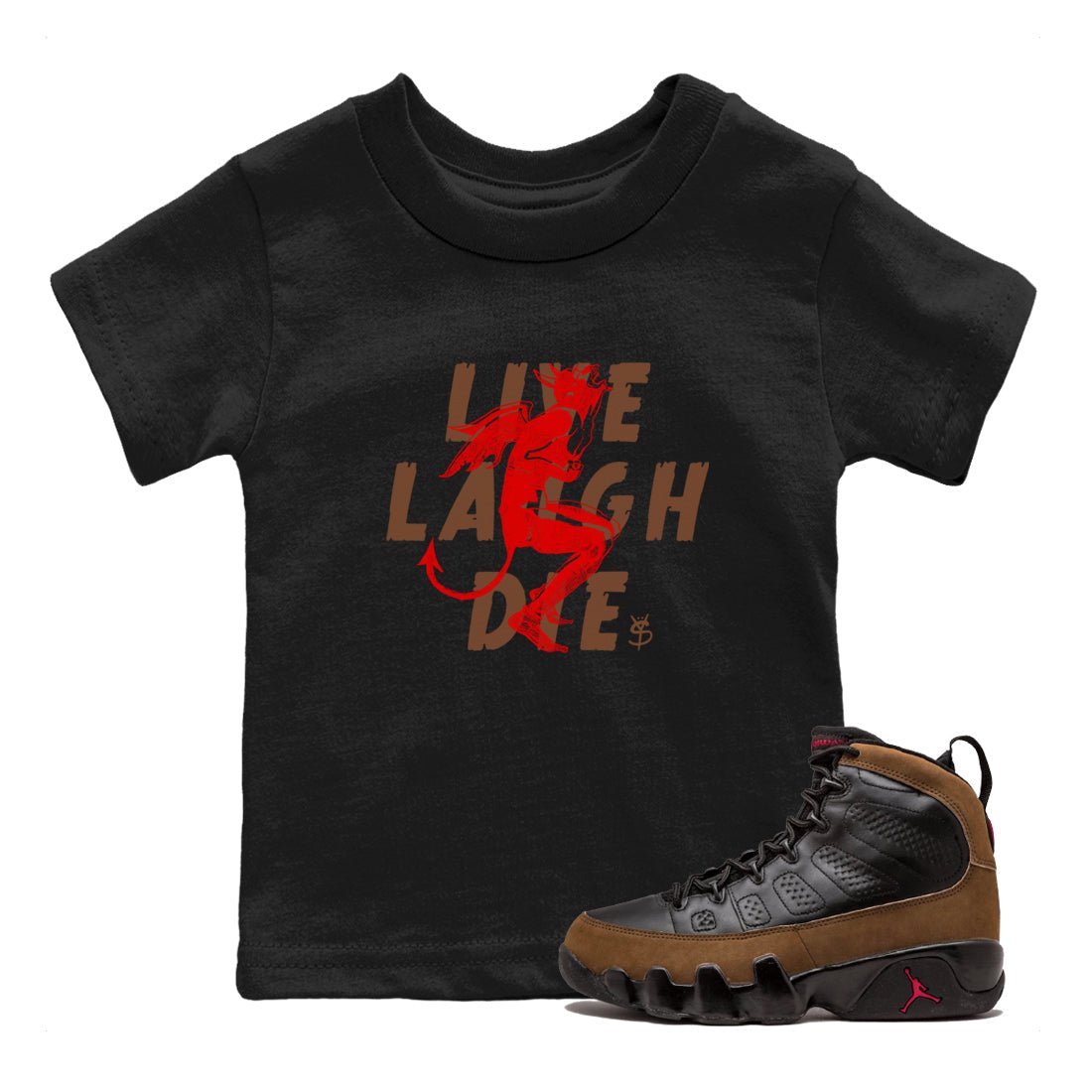 9s Olive shirts to match jordans Laughing Devil sneaker match tees Air Jordan 9 Olive match shoes to clothes SNRT Sneaker Tees Youth Baby Black 1 tee
