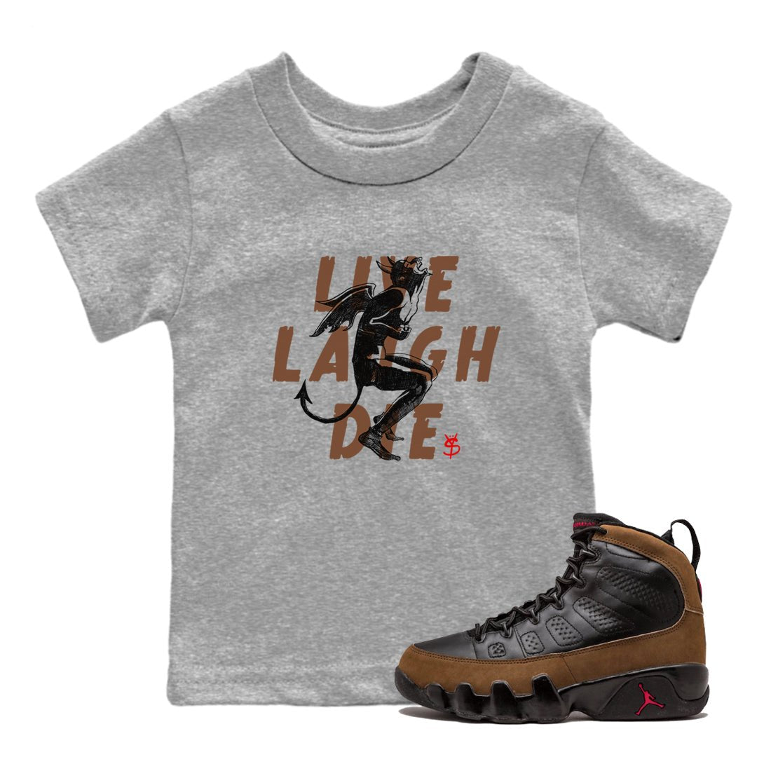 9s Olive shirts to match jordans Laughing Devil sneaker match tees Air Jordan 9 Olive match shoes to clothes SNRT Sneaker Tees Youth Baby Heather Grey 1 tee
