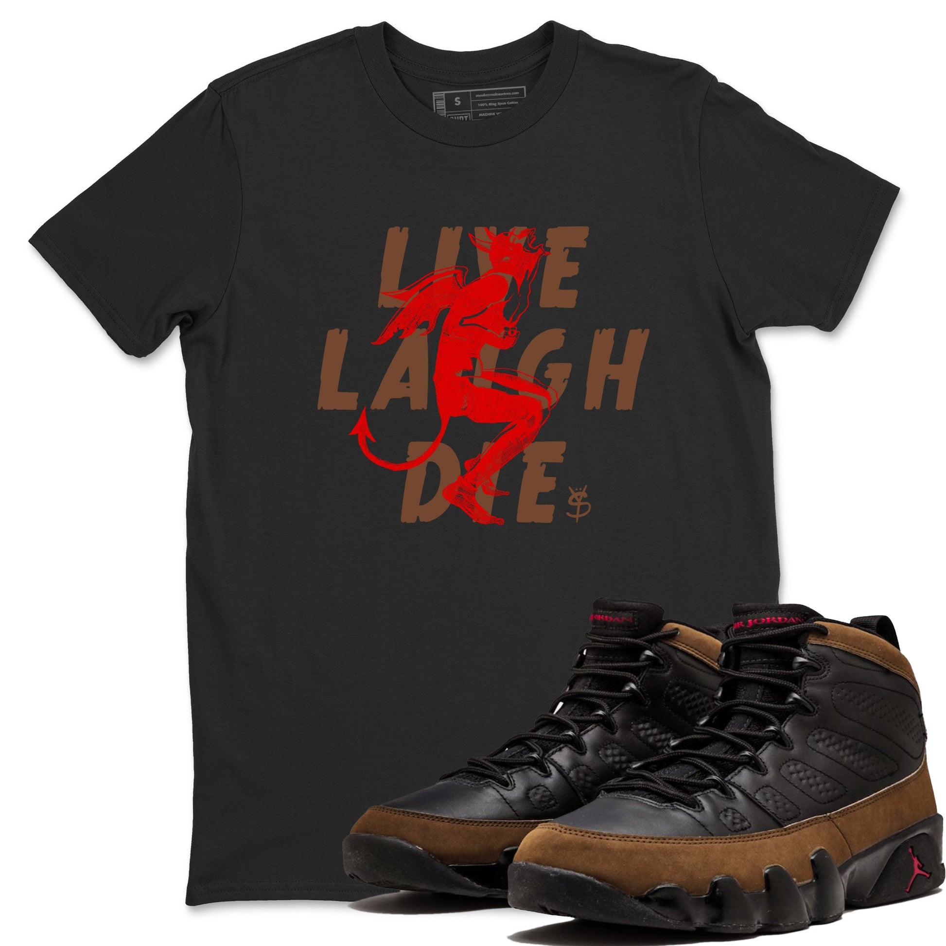 9s Olive shirts to match jordans Laughing Devil sneaker match tees Air Jordan 9 Olive match shoes to clothes SNRT Sneaker Tees unisex cotton Black 1 shirts
