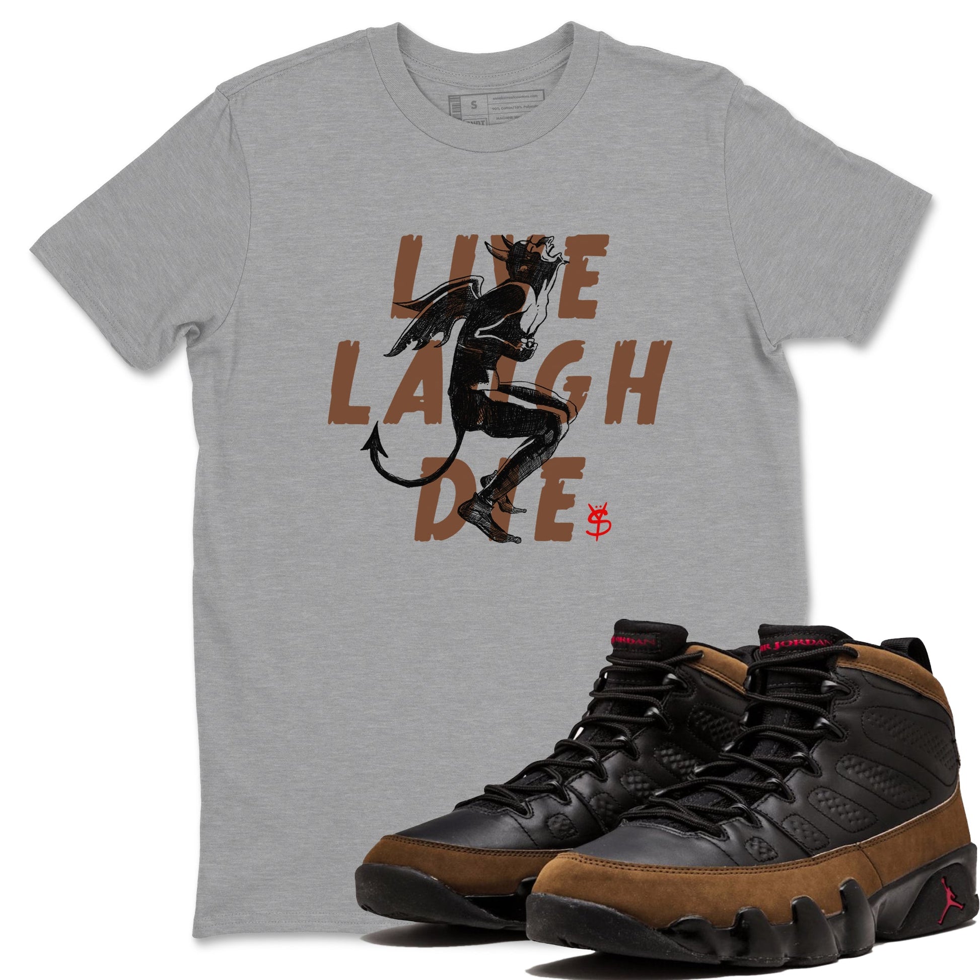 9s Olive shirts to match jordans Laughing Devil sneaker match tees Air Jordan 9 Olive match shoes to clothes SNRT Sneaker Tees unisex cotton Heather Grey 1 shirts