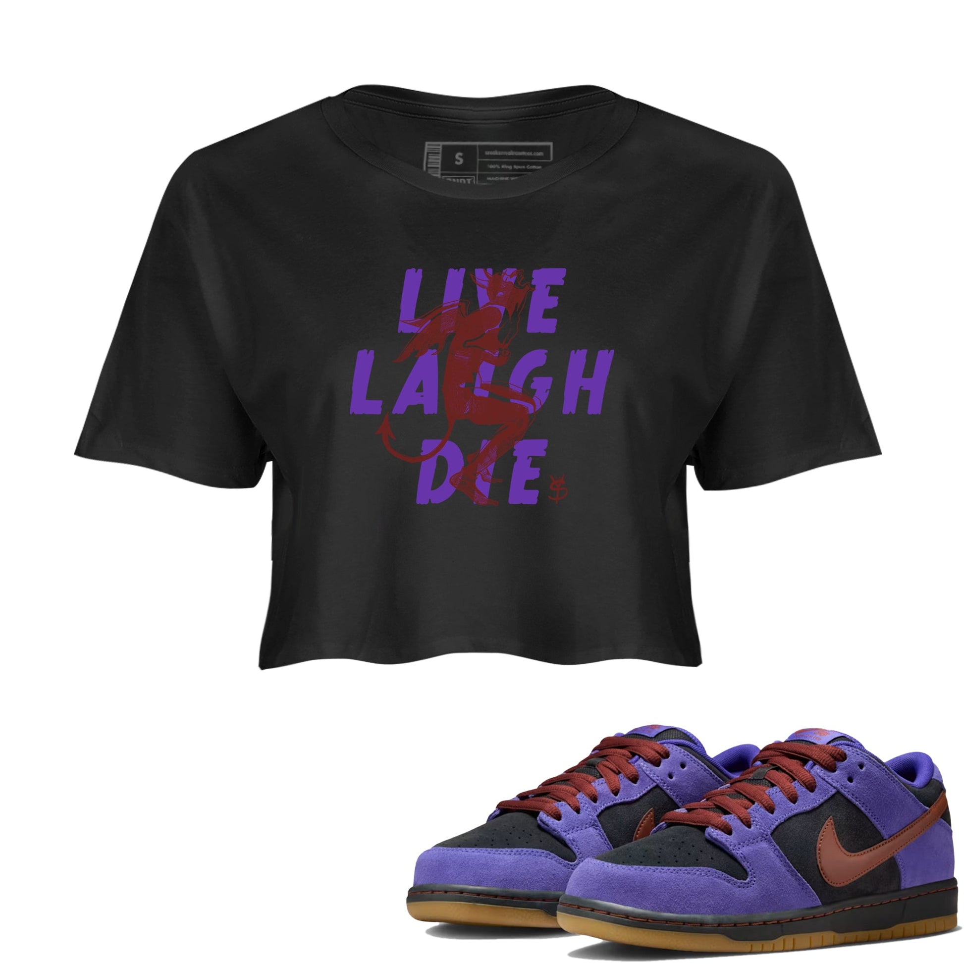 Sneaker match tees – Sneaker Threads To Match Dunk Low Persian Violet Shoes – Laughing Devil Crop T-Shirt Black 1